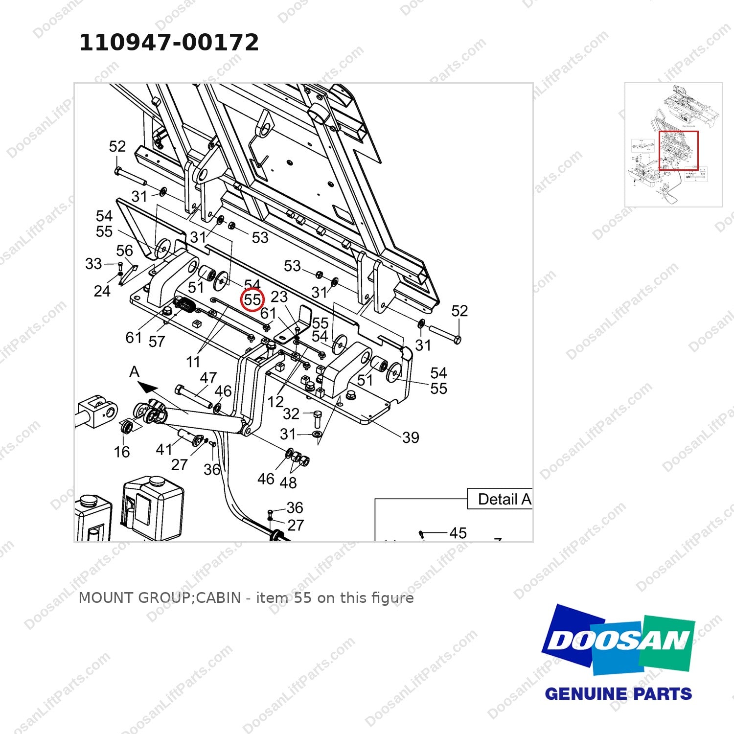 110947-00172 MOUNT GROUP;CABIN - parts diagram, item 55 shown - genuine Doosan / Bobcat forklift part