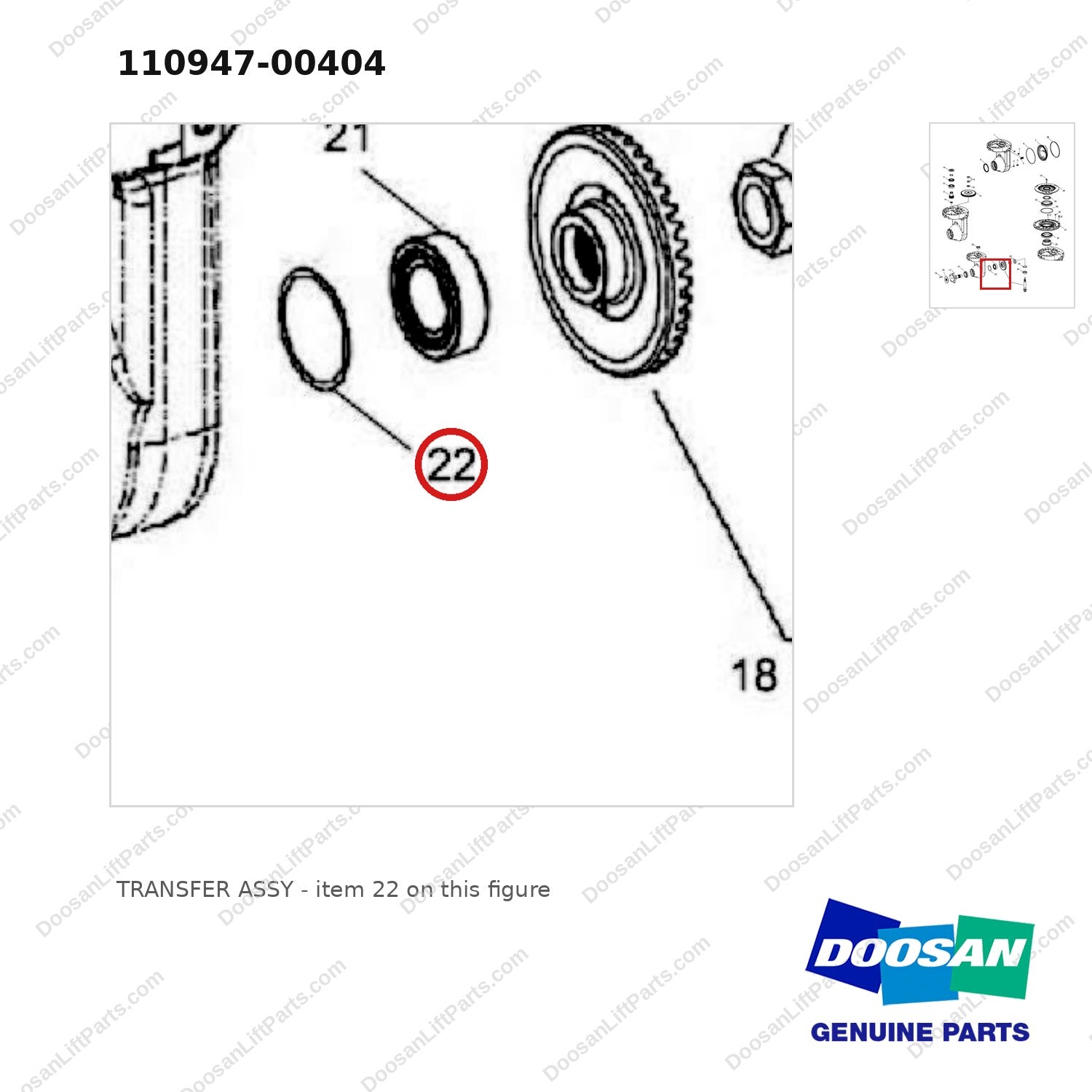 110947-00404 TRANSFER ASSY - parts diagram, item 22 shown - genuine Doosan / Bobcat forklift part