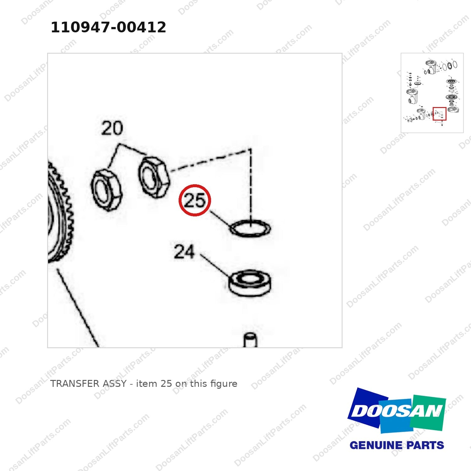110947-00412 TRANSFER ASSY - parts diagram, item 25 shown - genuine Doosan / Bobcat forklift part