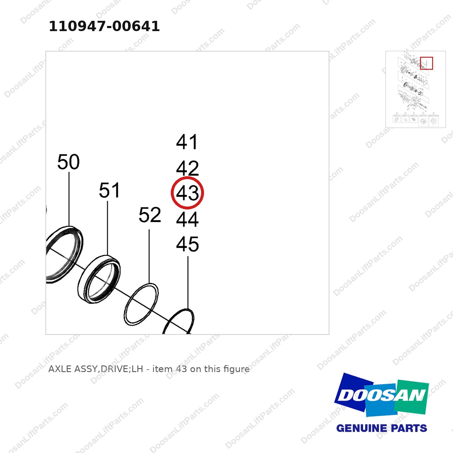 110947-00641 AXLE ASSY,DRIVE;LH - parts diagram, item 43 shown - genuine Doosan / Bobcat forklift part