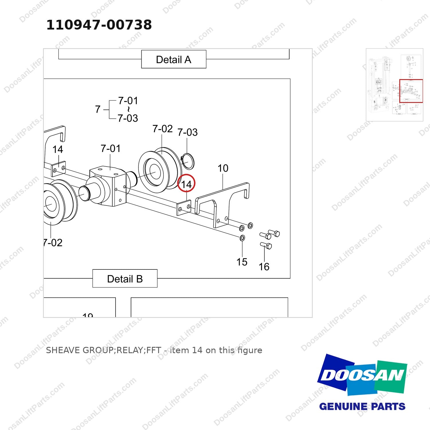 110947-00738 SHEAVE GROUP;RELAY;FFT - parts diagram, item 14 shown - genuine Doosan / Bobcat forklift part
