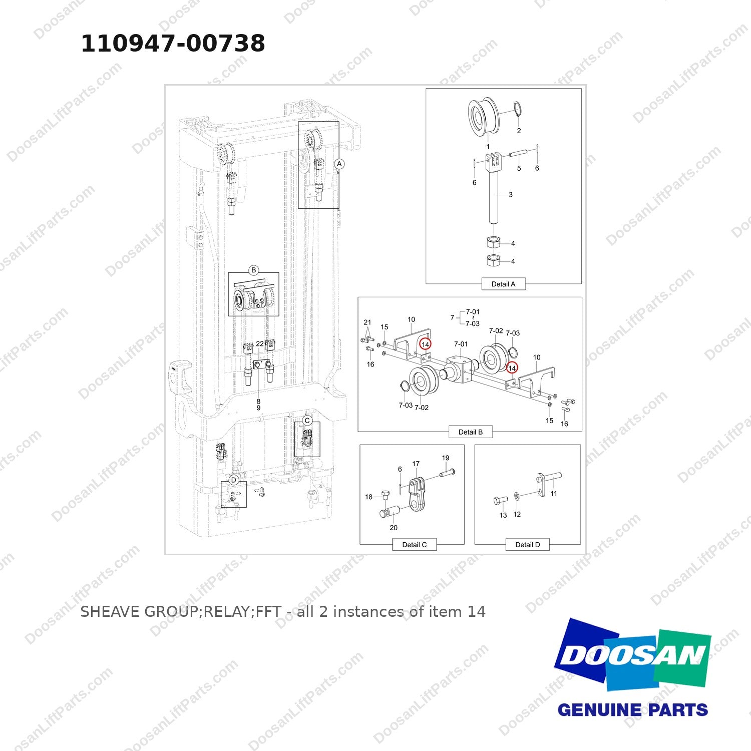 110947-00738 SHEAVE GROUP;RELAY;FFT - full parts diagram, item 14 marked - genuine Doosan / Bobcat forklift part