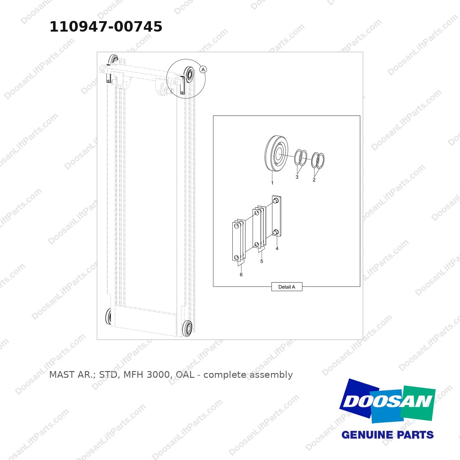 110947-00745 MAST AR.; STD,  MFH 3000, OAL - full parts diagram - genuine Doosan / Bobcat forklift part