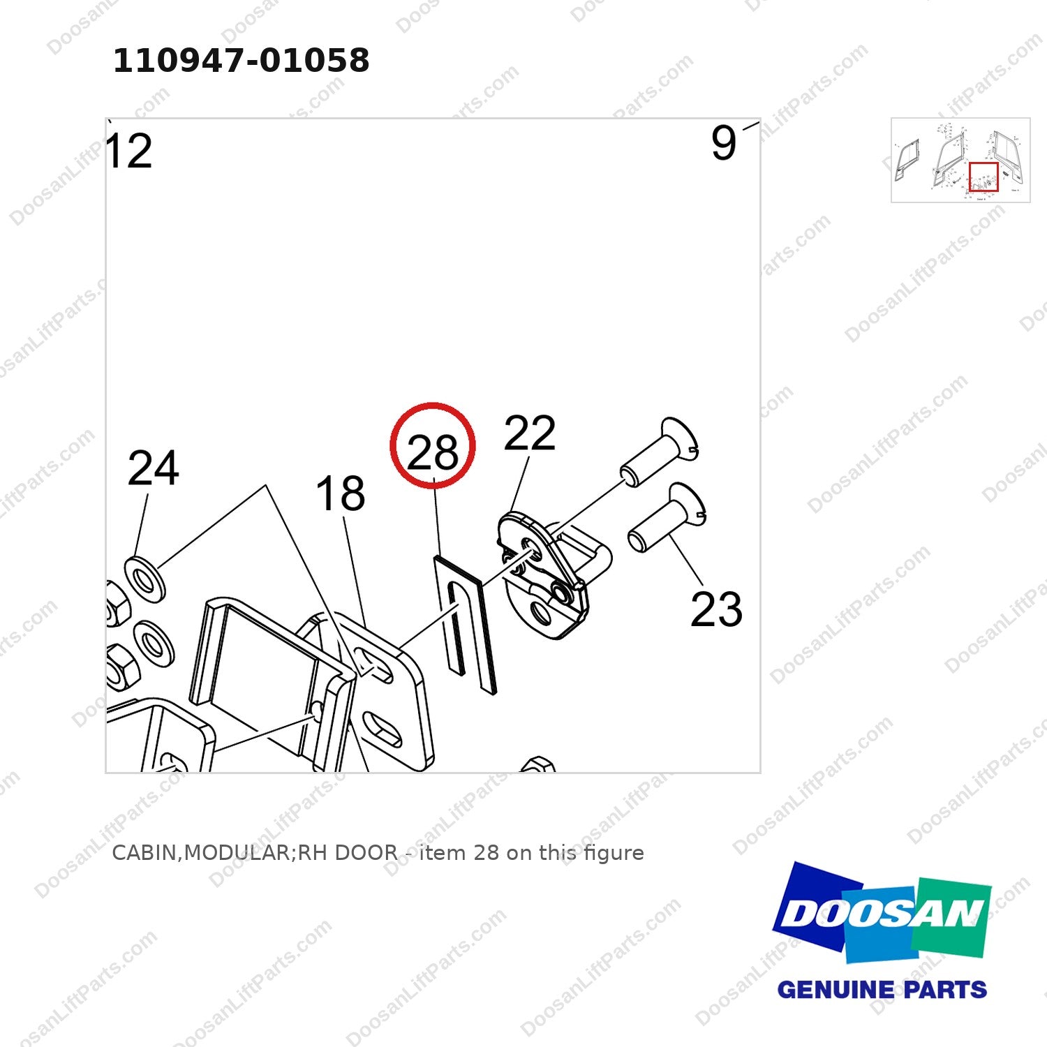 110947-01058 CABIN,MODULAR;RH DOOR - parts diagram, item 28 shown - genuine Doosan / Bobcat forklift part