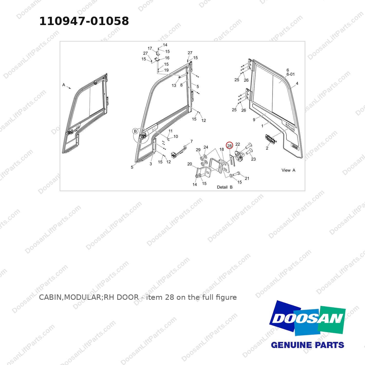 110947-01058 CABIN,MODULAR;RH DOOR - full parts diagram, item 28 marked - genuine Doosan / Bobcat forklift part
