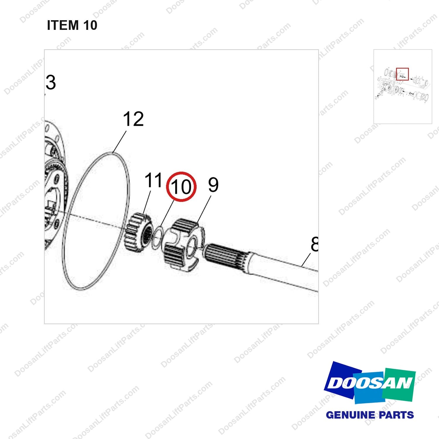 110947-01081 AXLE ASSY,DRIVE;KD20B_SINGLE - parts diagram, item 10 shown - genuine Doosan / Bobcat forklift part