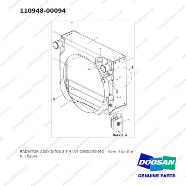 110948-00094 RADIATOR ASSY;D70S 3 T-4 INT COOLING MO - full parts diagram, item 4 marked - genuine Doosan / Bobcat forklift part