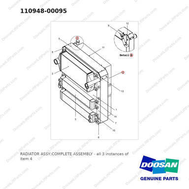 110948-00095 RADIATOR ASSY;COMPLETE ASSEMBLY - full parts diagram, item 4 marked - genuine Doosan / Bobcat forklift part