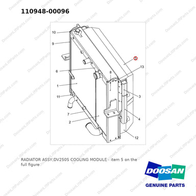 110948-00096 RADIATOR ASSY;DV250S COOLING MODULE - full parts diagram, item 5 marked - genuine Doosan / Bobcat forklift part