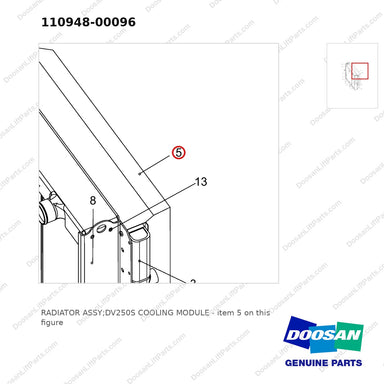 110948-00096 RADIATOR ASSY;DV250S COOLING MODULE - parts diagram, item 5 shown - genuine Doosan / Bobcat forklift part