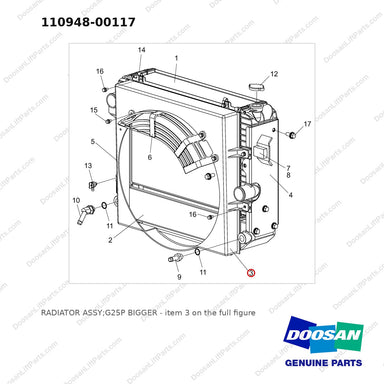 110948-00117 RADIATOR ASSY;G25P BIGGER - full parts diagram, item 3 marked - genuine Doosan / Bobcat forklift part
