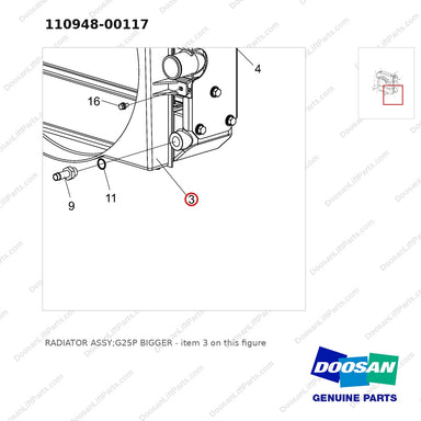 110948-00117 RADIATOR ASSY;G25P BIGGER - parts diagram, item 3 shown - genuine Doosan / Bobcat forklift part