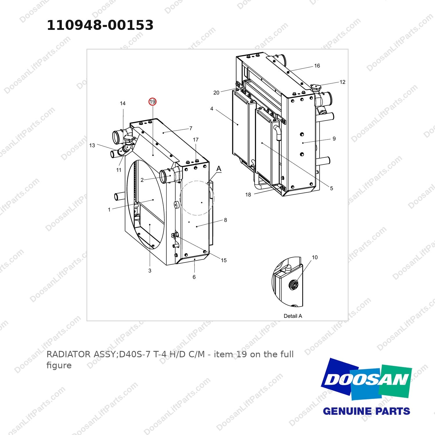 110948-00153 RADIATOR ASSY;D40S-7 T-4 H/D C/M - full parts diagram, item 19 marked - genuine Doosan / Bobcat forklift part