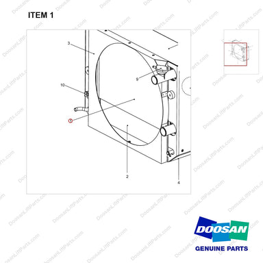 110948-00164 Radiator Assy - parts diagram, item 1 shown - genuine Doosan / Bobcat forklift part