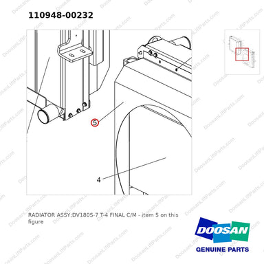 110948-00232 RADIATOR ASSY;DV180S-7 T-4 FINAL C/M - parts diagram, item 5 shown - genuine Doosan / Bobcat forklift part