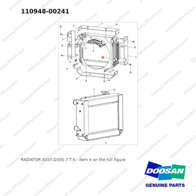 110948-00241 RADIATOR ASSY;D30S-7 T-4 - full parts diagram, item 4 marked - genuine Doosan / Bobcat forklift part