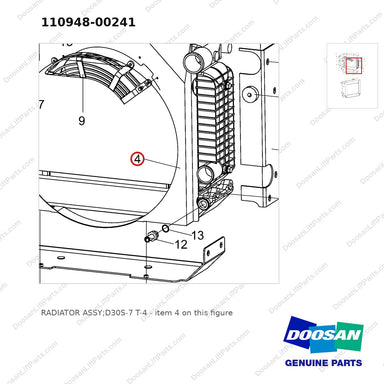 110948-00241 RADIATOR ASSY;D30S-7 T-4 - parts diagram, item 4 shown - genuine Doosan / Bobcat forklift part