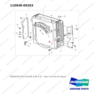 110948-00263 RADIATOR ASSY;GC40S-5 PSI 4.3L - full parts diagram, item 3 marked - genuine Doosan / Bobcat forklift part