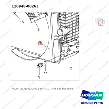 110948-00263 RADIATOR ASSY;GC40S-5 PSI 4.3L - parts diagram, item 3 shown - genuine Doosan / Bobcat forklift part
