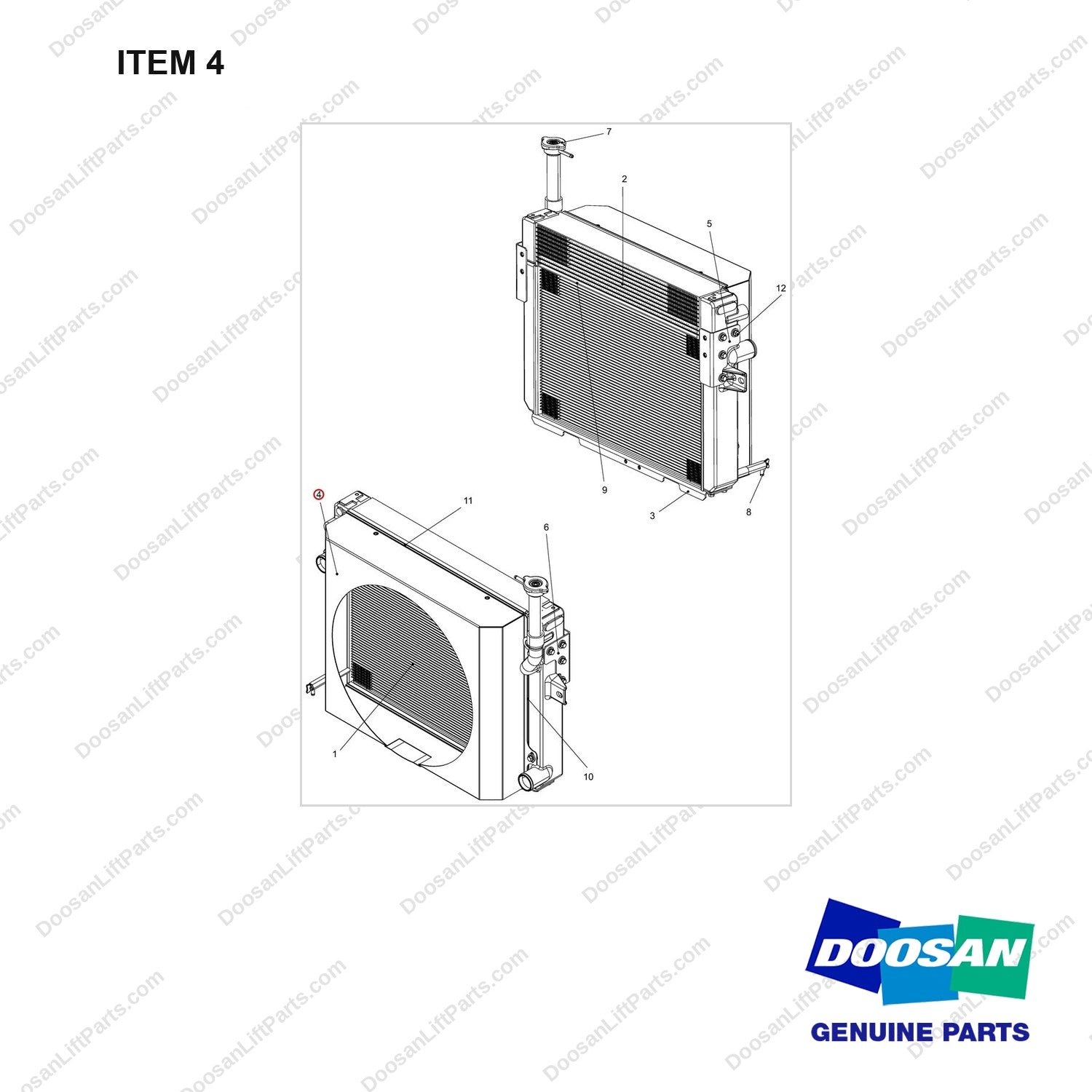 110948-00329 RADIATOR ASSY;OPEN CORE - full parts diagram, item 4 marked - genuine Doosan / Bobcat forklift part