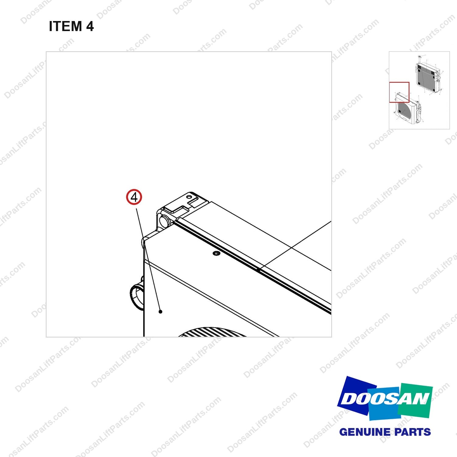 110948-00329 RADIATOR ASSY;OPEN CORE - parts diagram, item 4 shown - genuine Doosan / Bobcat forklift part