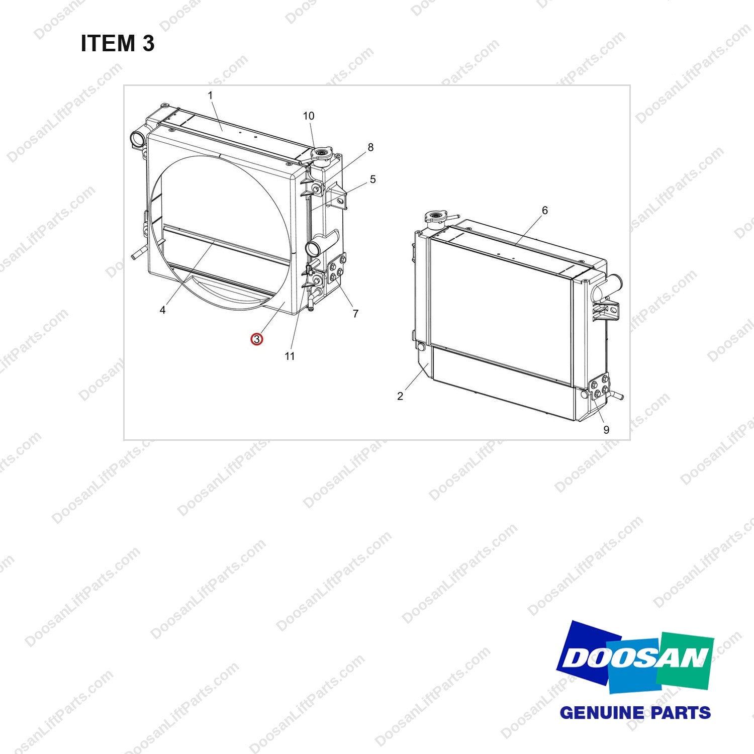 110948-00407 RADIATOR ASSY;G25E-7 - full parts diagram, item 3 marked - genuine Doosan / Bobcat forklift part