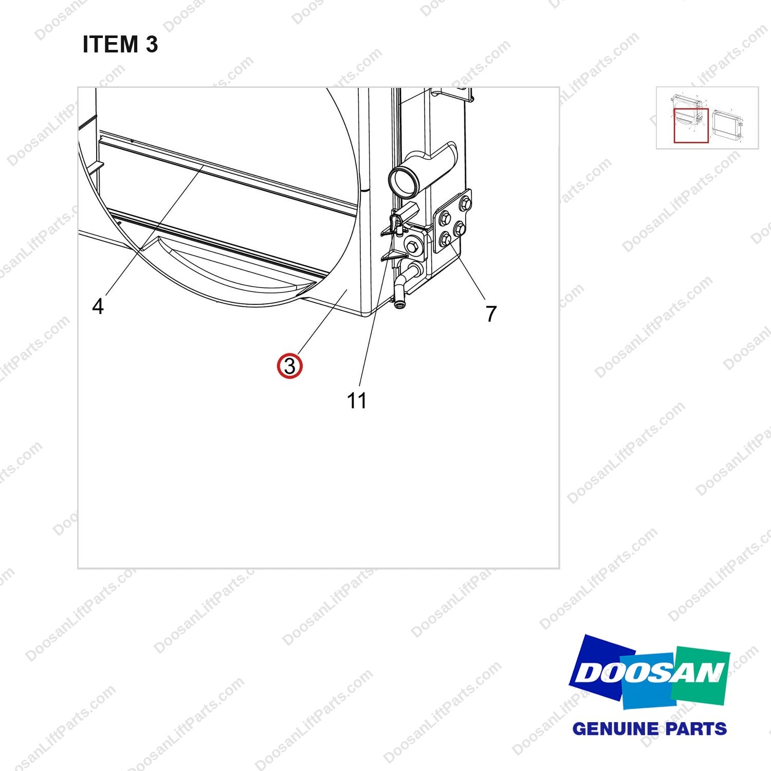 110948-00407 RADIATOR ASSY;G25E-7 - parts diagram, item 3 shown - genuine Doosan / Bobcat forklift part