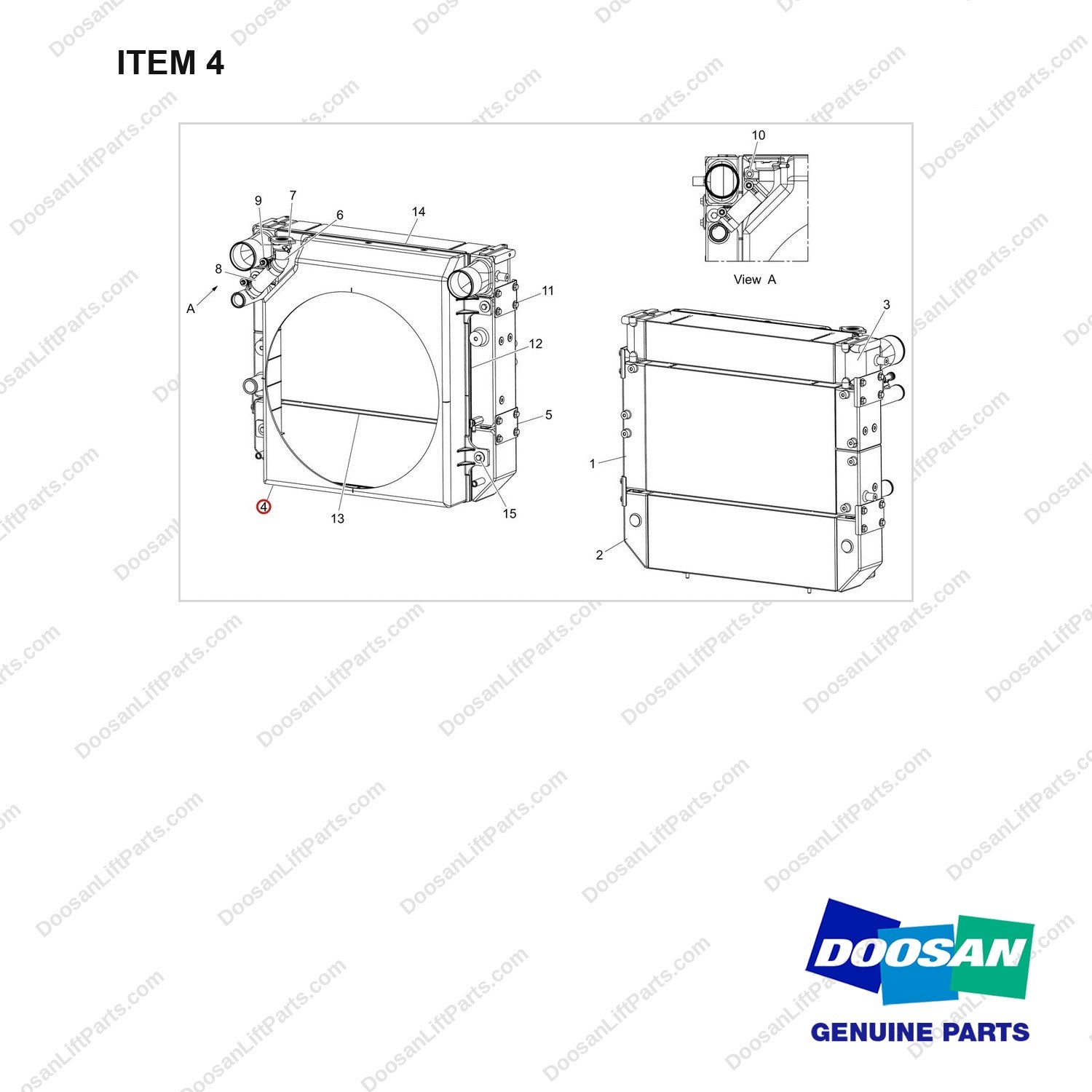 110948-00410 RADIATOR ASSY;D40S-9,OPEN CORE - full parts diagram, item 4 marked - genuine Doosan / Bobcat forklift part