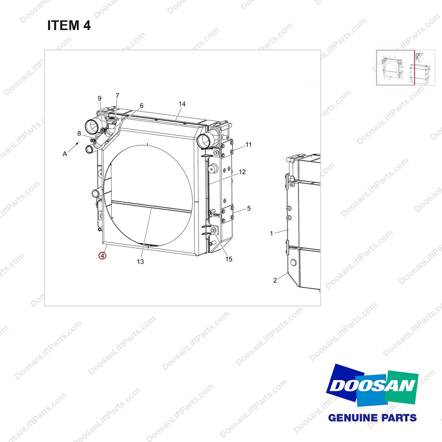 110948-00410 RADIATOR ASSY;D40S-9,OPEN CORE - parts diagram, item 4 shown - genuine Doosan / Bobcat forklift part