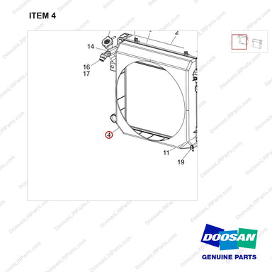 110948-00411 RADIATOR ASSY;GC15S-9,OPEN CORE - parts diagram, item 4 shown - genuine Doosan / Bobcat forklift part