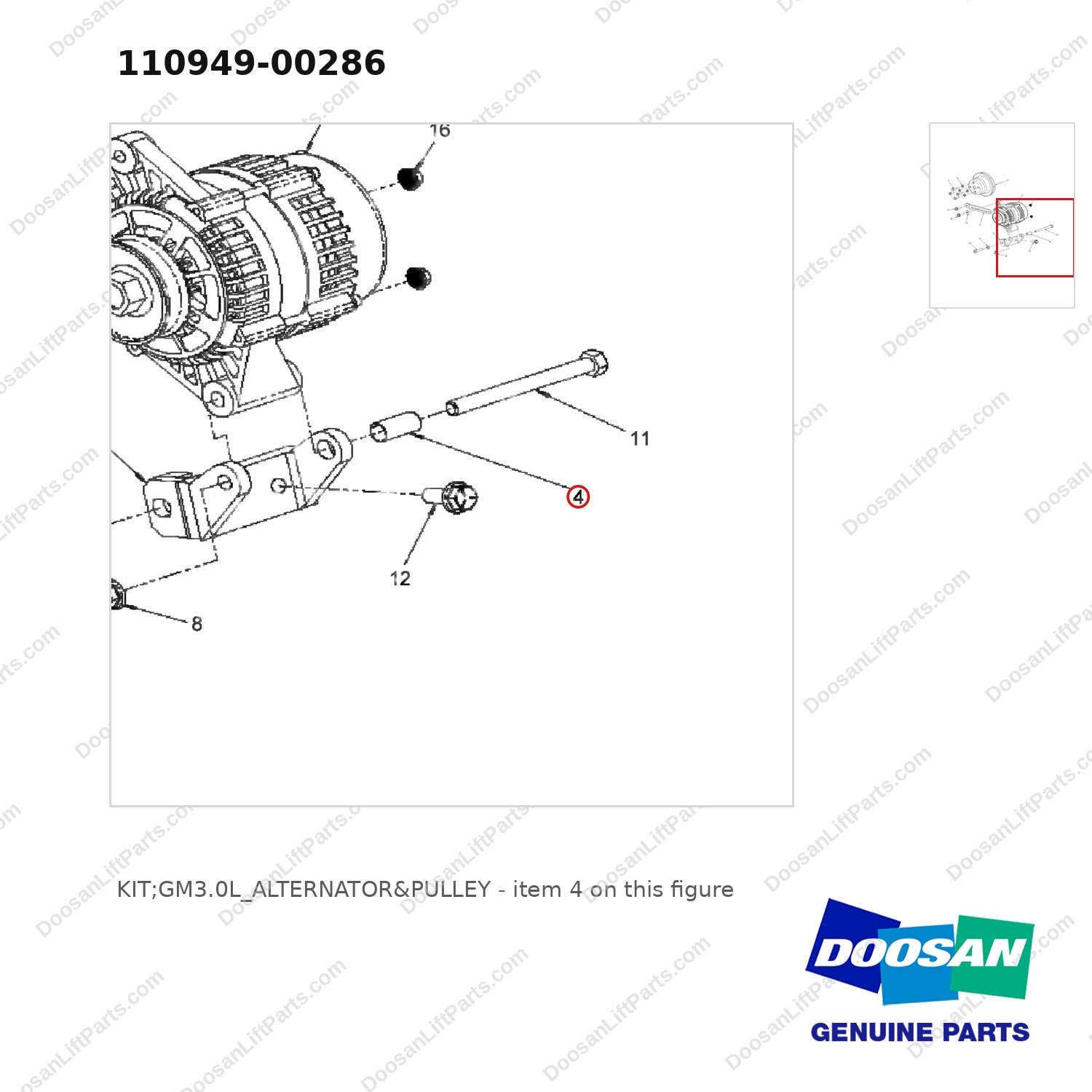 110949-00286 KIT;GM3.0L_ALTERNATOR&PULLEY - parts diagram, item 4 shown - genuine Doosan / Bobcat forklift part