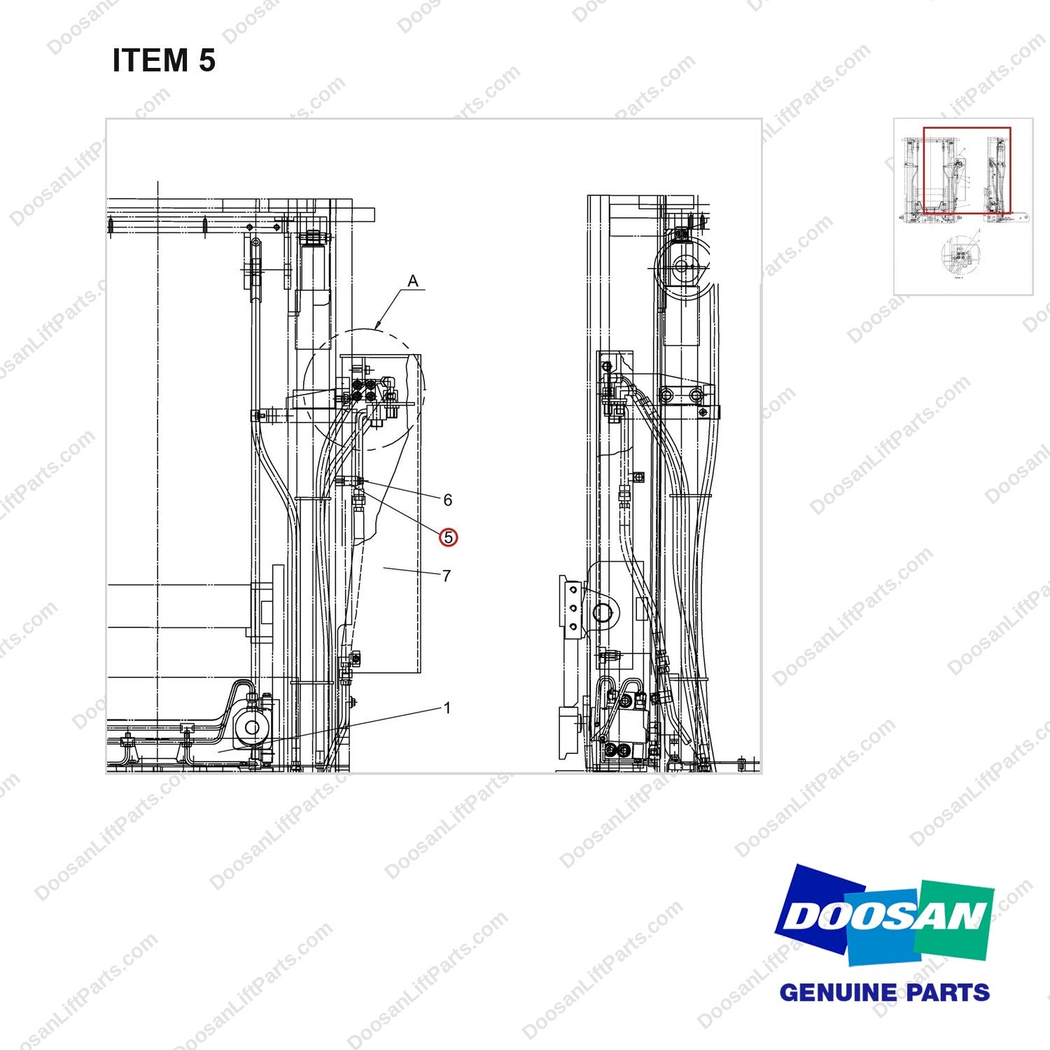 110951-00860 Lift & Tilt Mounting Gp - STD (MFH 2030mm Only) - parts diagram, item 5 shown - genuine Doosan / Bobcat forklift part
