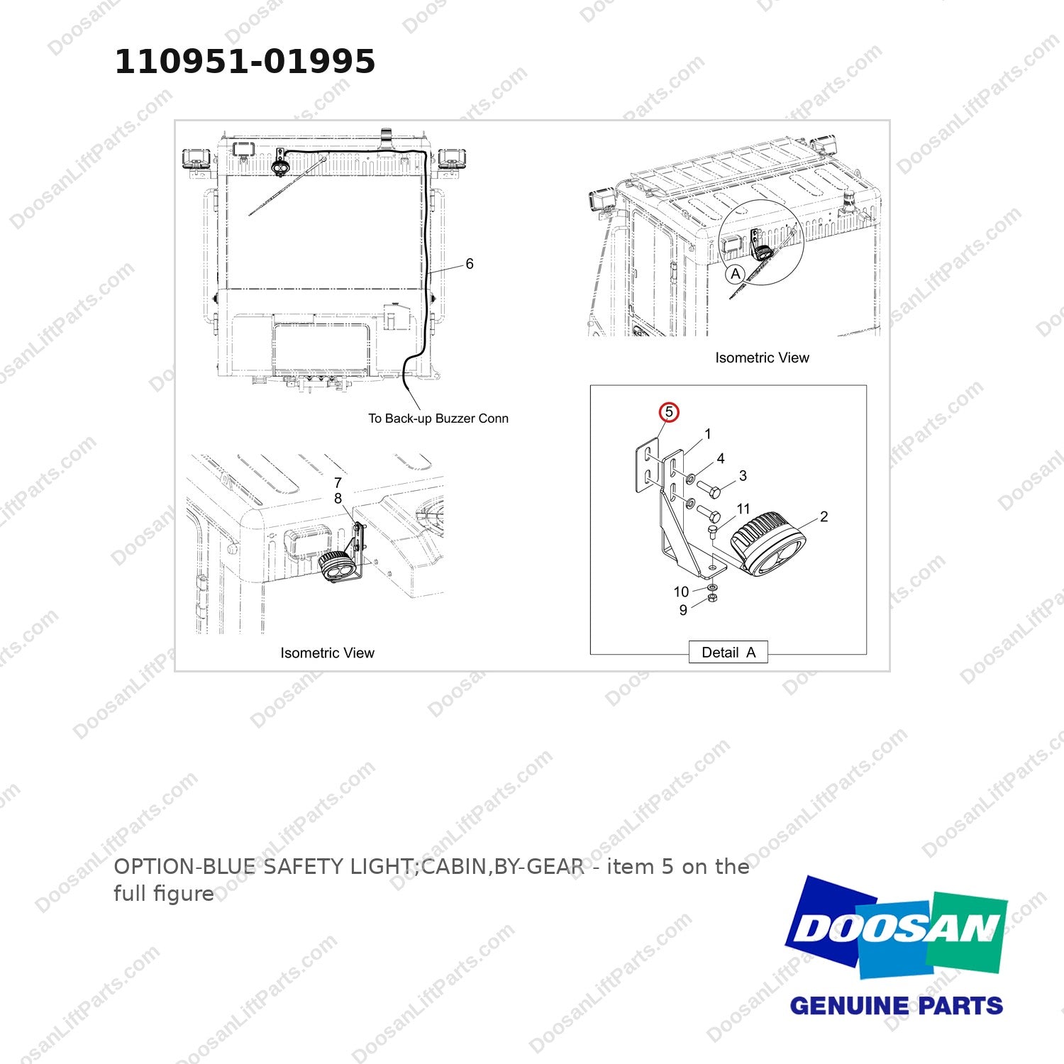 110951-01995 OPTION-BLUE SAFETY LIGHT;CABIN,BY-GEAR - full parts diagram, item 5 marked - genuine Doosan / Bobcat forklift part