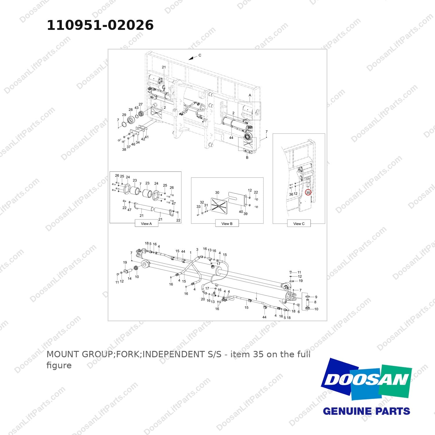 110951-02026 MOUNT GROUP;FORK;INDEPENDENT S/S - full parts diagram, item 35 marked - genuine Doosan / Bobcat forklift part