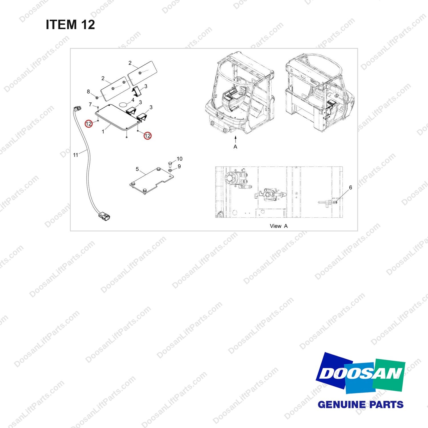 110951-03130 COVER GROUP;FINGERTIP,D160 - full parts diagram, item 12 marked - genuine Doosan / Bobcat forklift part