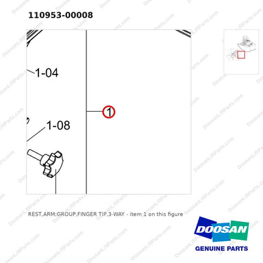 110953-00008 REST,ARM;GROUP,FINGER TIP,3-WAY - parts diagram, item 1 shown - genuine Doosan / Bobcat forklift part