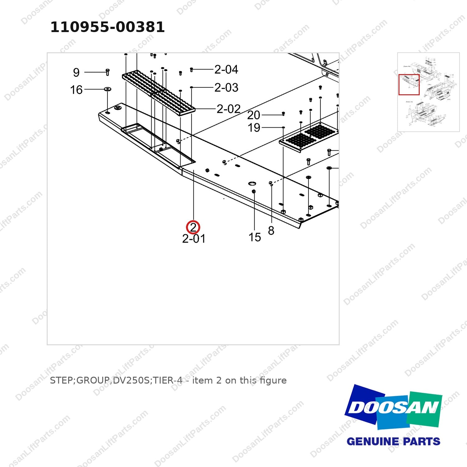 110955-00381 STEP;GROUP,DV250S;TIER-4 - parts diagram, item 2 shown - genuine Doosan / Bobcat forklift part