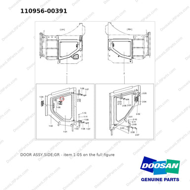 110956-00391 DOOR ASSY,SIDE;GR - full parts diagram, item 1-05 marked - genuine Doosan / Bobcat forklift part