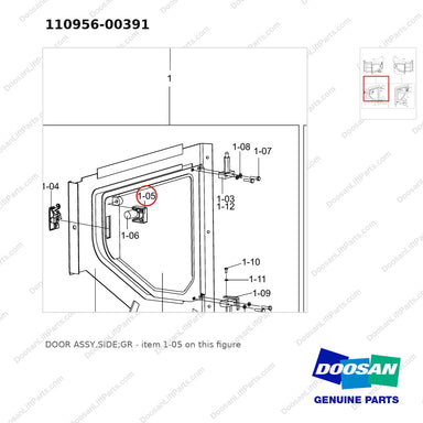 110956-00391 DOOR ASSY,SIDE;GR - parts diagram, item 1-05 shown - genuine Doosan / Bobcat forklift part
