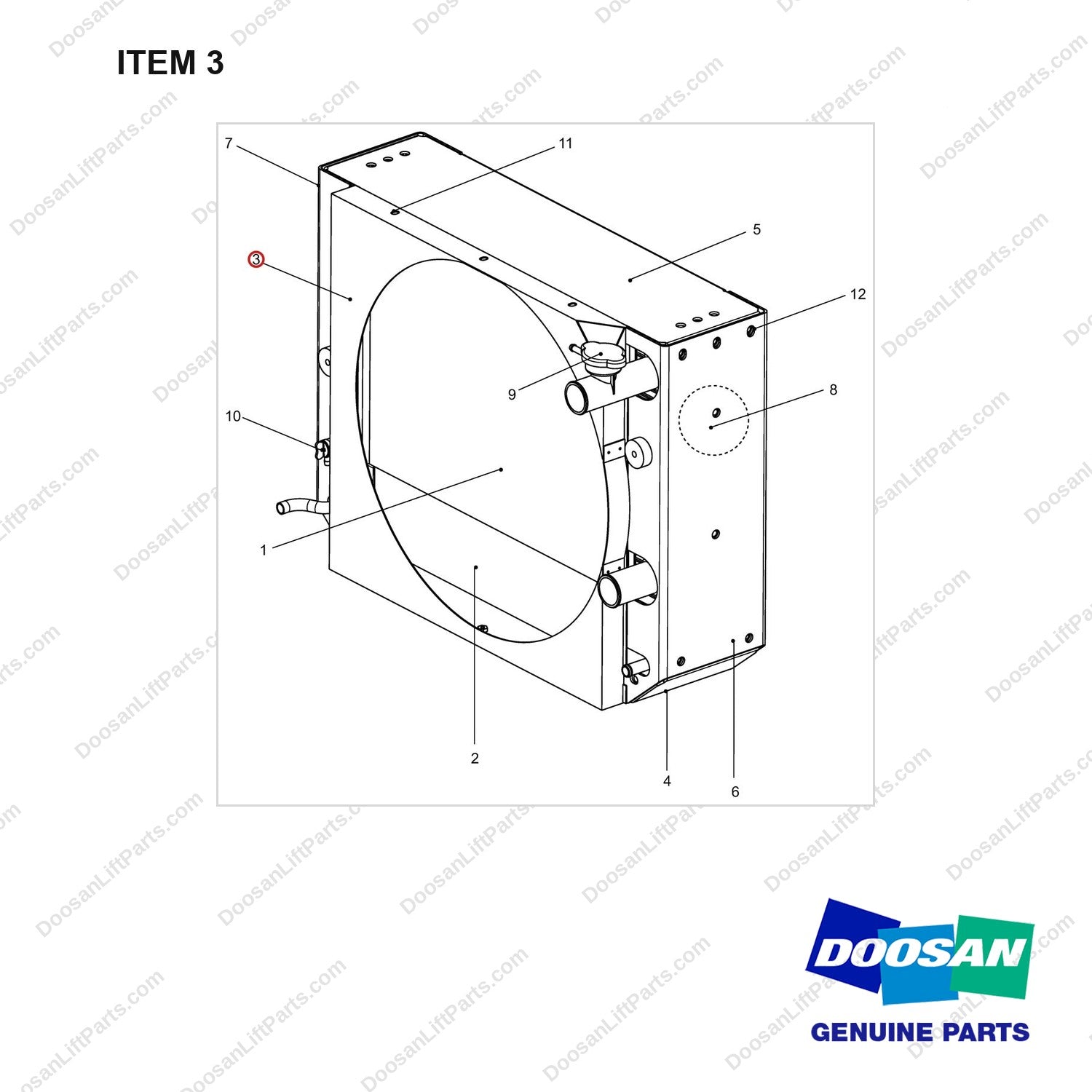 110958-01576 Radiator Assy - full parts diagram, item 3 marked - genuine Doosan / Bobcat forklift part