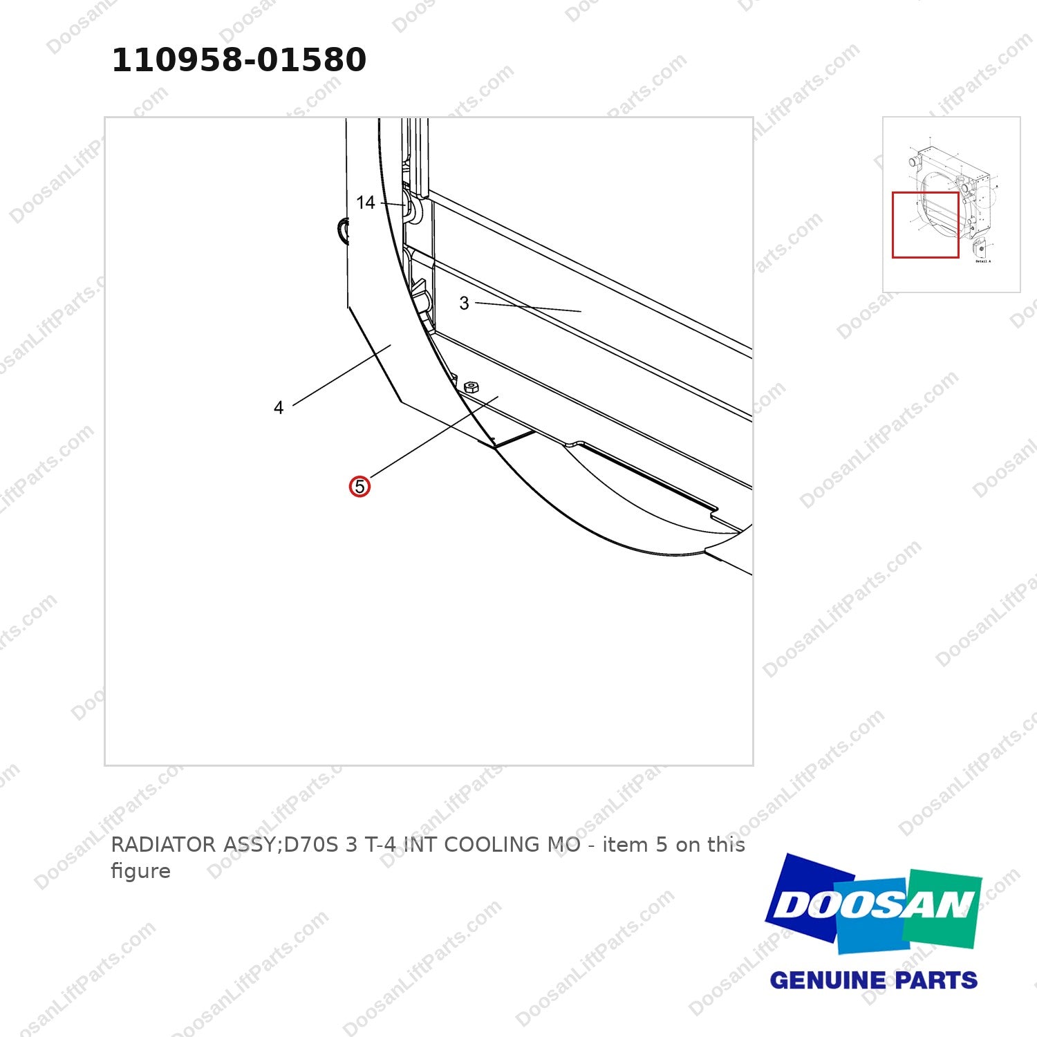 110958-01580 RADIATOR ASSY;D70S 3 T-4 INT COOLING MO - parts diagram, item 5 shown - genuine Doosan / Bobcat forklift part