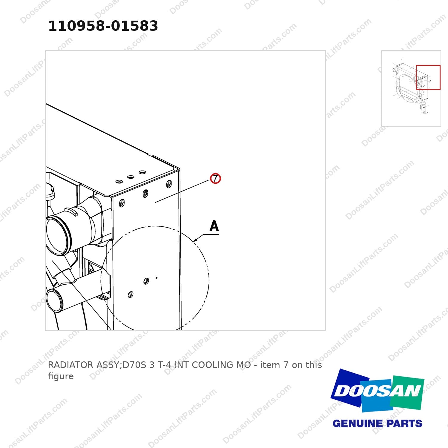 110958-01583 RADIATOR ASSY;D70S 3 T-4 INT COOLING MO - parts diagram, item 7 shown - genuine Doosan / Bobcat forklift part