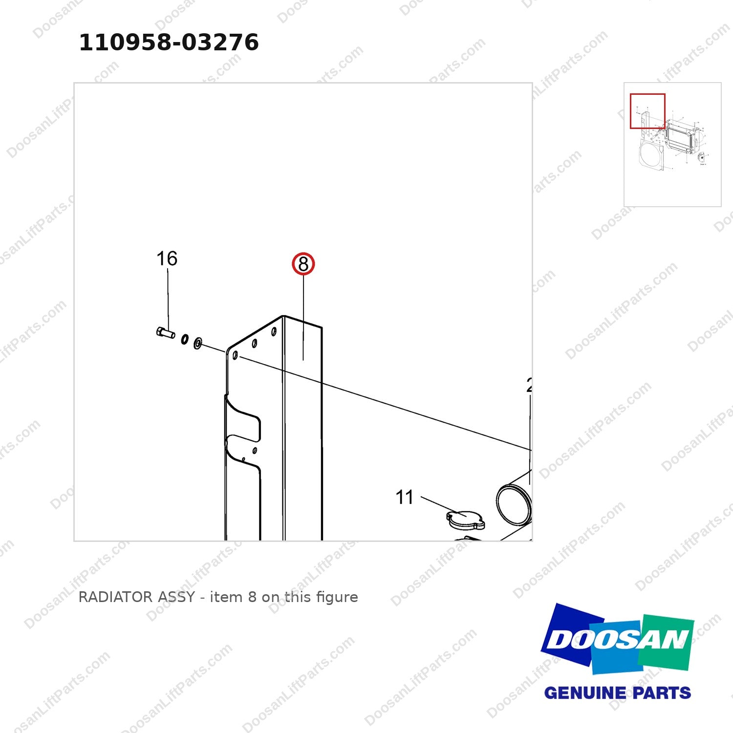110958-03276 RADIATOR ASSY - parts diagram, item 8 shown - genuine Doosan / Bobcat forklift part