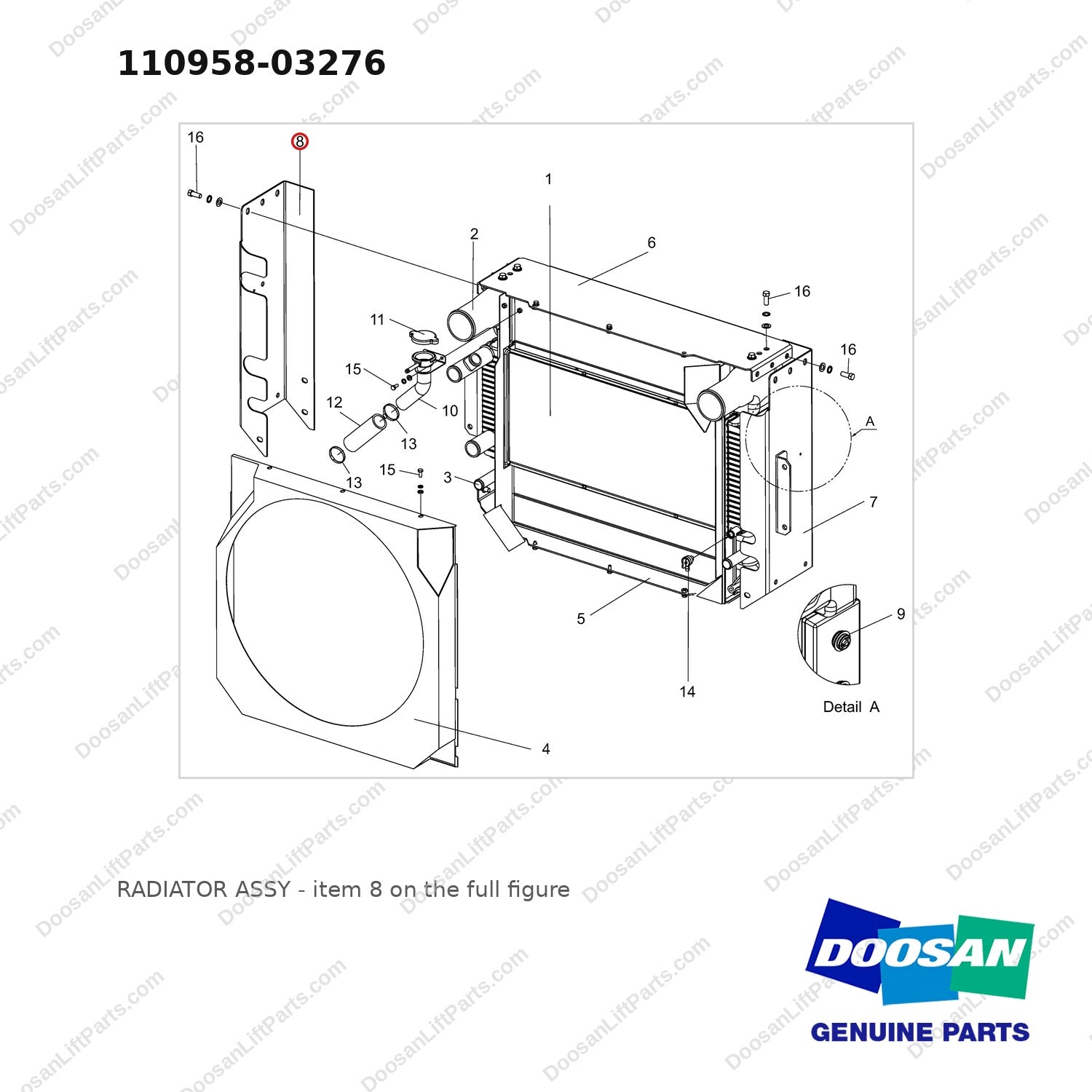 110958-03276 RADIATOR ASSY - full parts diagram, item 8 marked - genuine Doosan / Bobcat forklift part