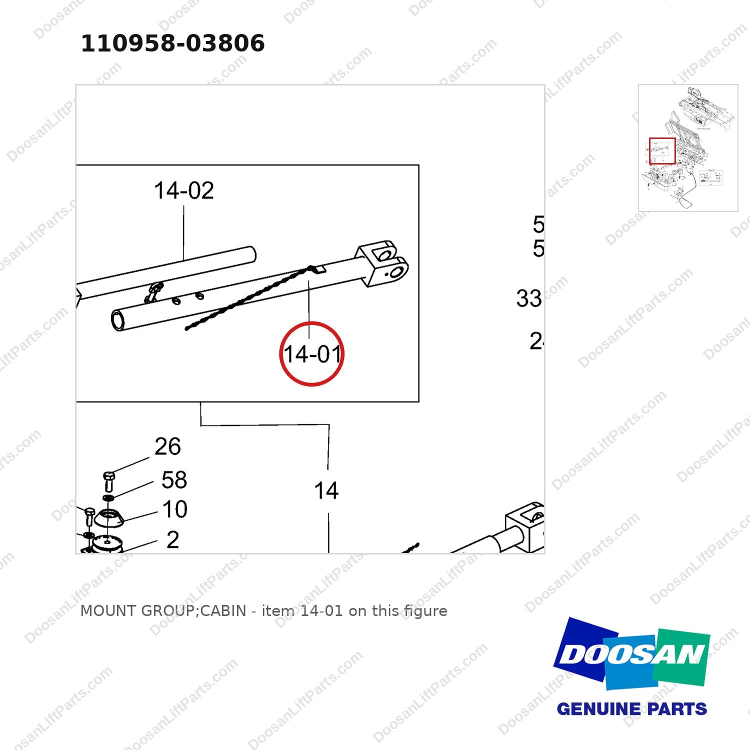 110958-03806 MOUNT GROUP;CABIN - parts diagram, item 14-01 shown - genuine Doosan / Bobcat forklift part