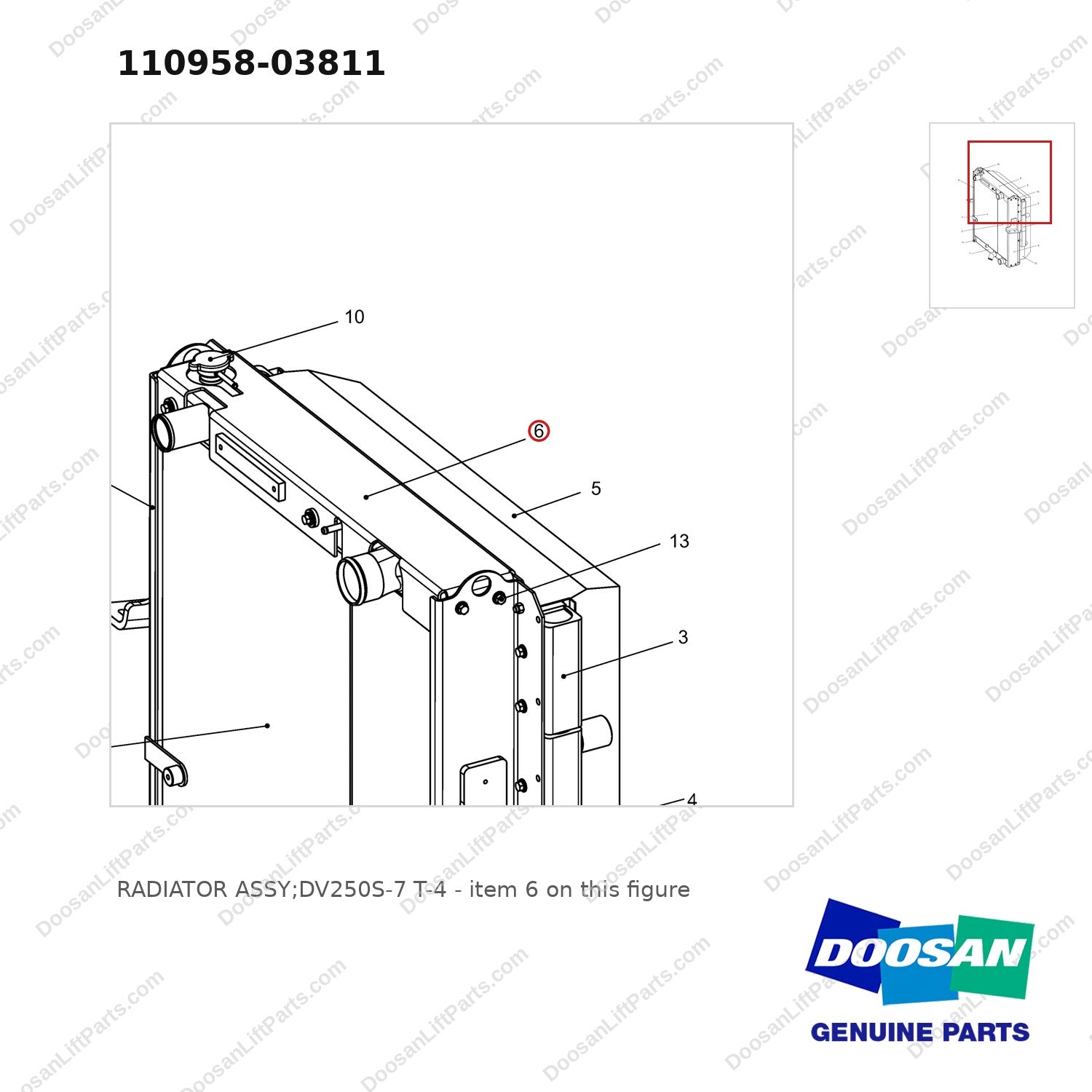 110958-03811 RADIATOR ASSY;DV250S-7 T-4 - parts diagram, item 6 shown - genuine Doosan / Bobcat forklift part