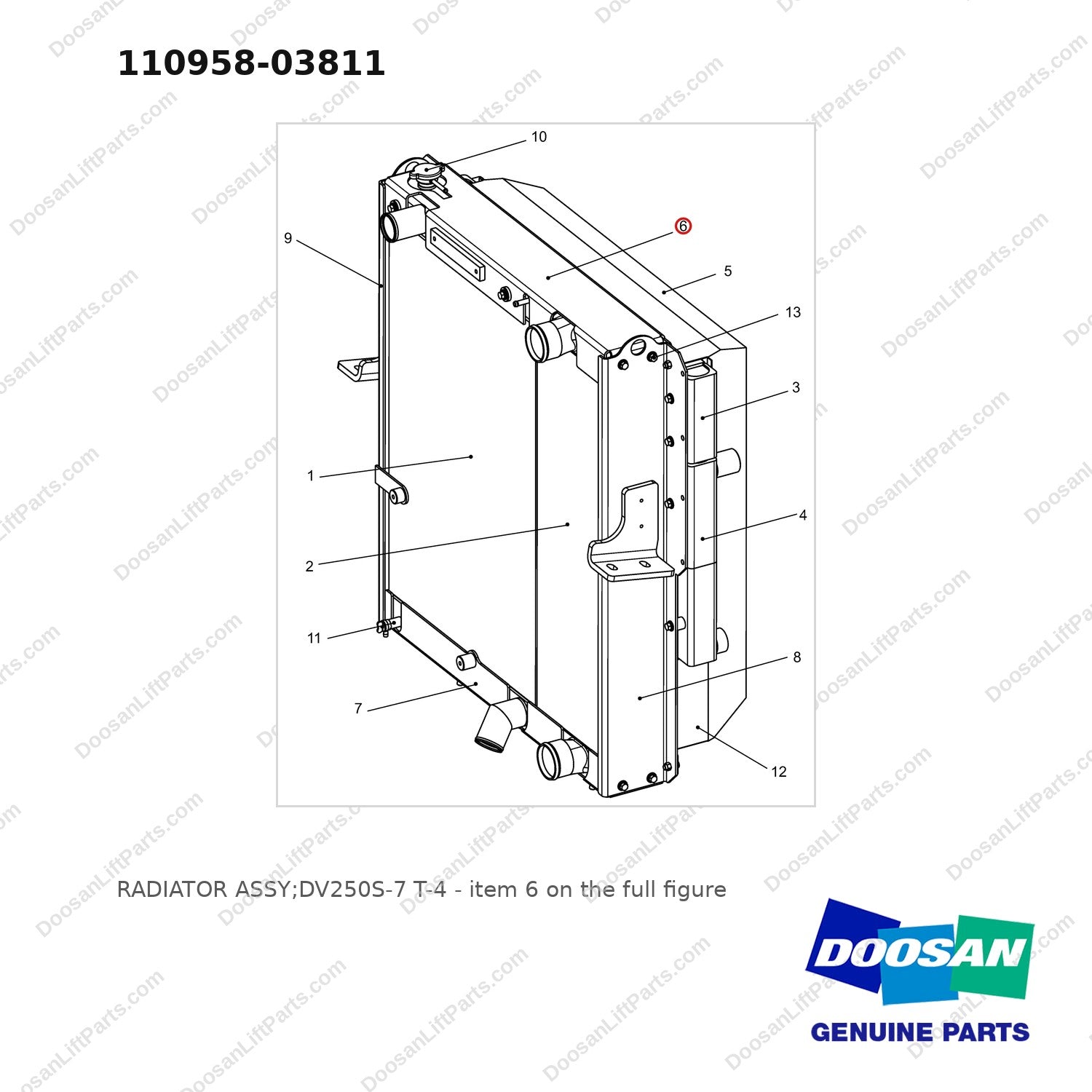 110958-03811 RADIATOR ASSY;DV250S-7 T-4 - full parts diagram, item 6 marked - genuine Doosan / Bobcat forklift part
