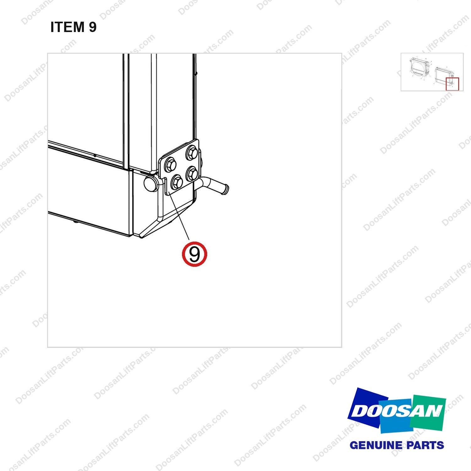 110958-06938 RADIATOR ASSY;G25E-7 - parts diagram, item 9 shown - genuine Doosan / Bobcat forklift part