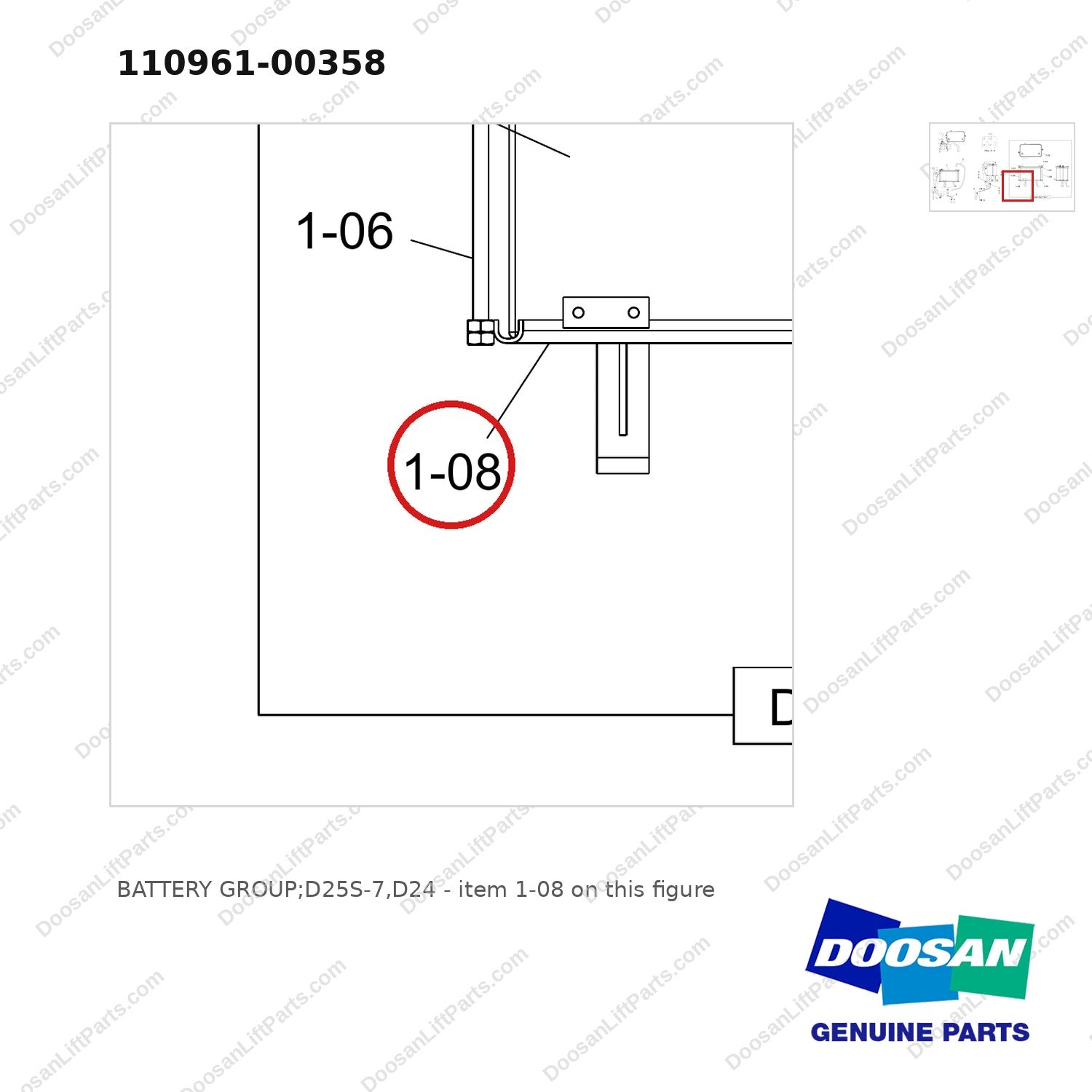 110961-00358 BATTERY GROUP;D25S-7,D24 - parts diagram, item 1-08 shown - genuine Doosan / Bobcat forklift part