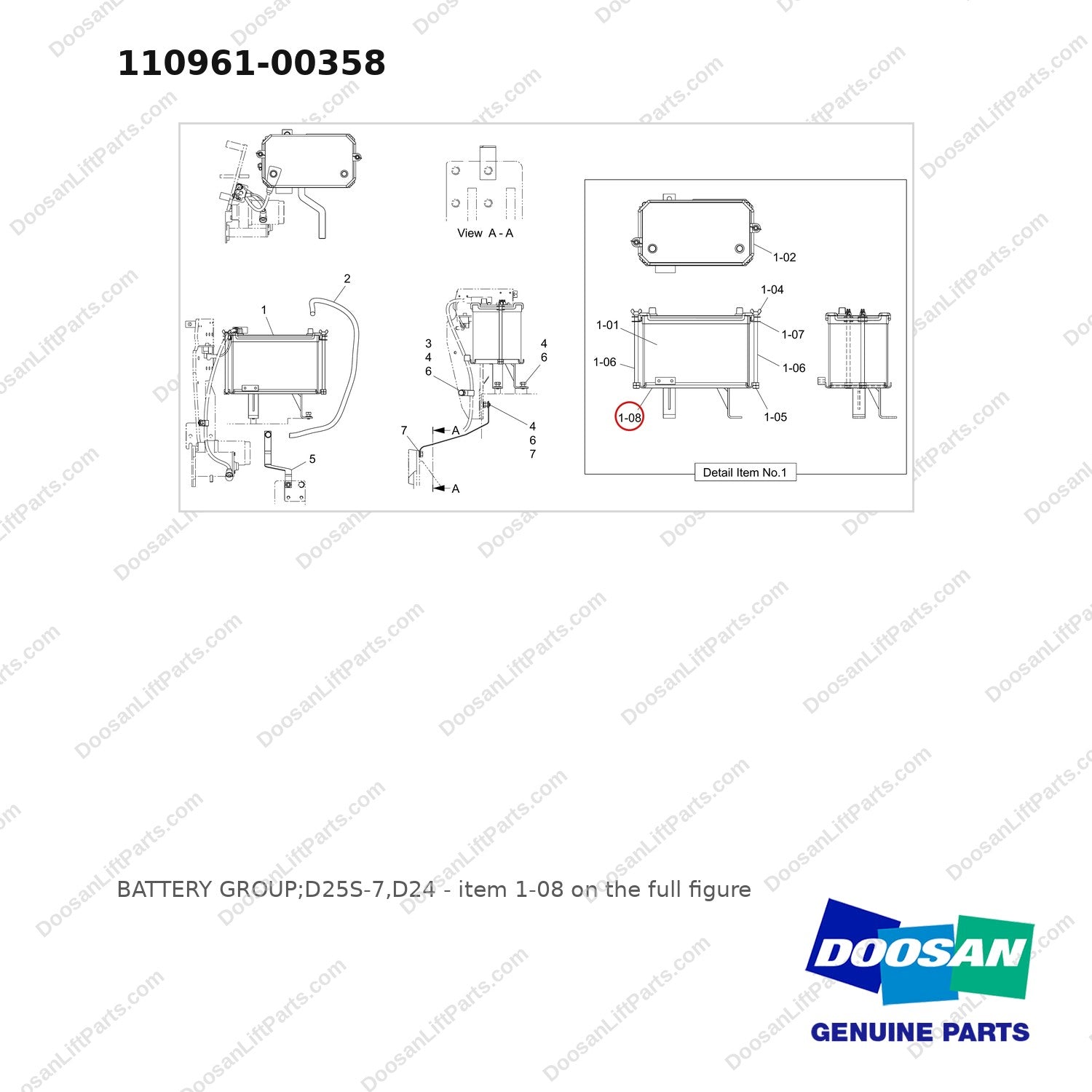 110961-00358 BATTERY GROUP;D25S-7,D24 - full parts diagram, item 1-08 marked - genuine Doosan / Bobcat forklift part